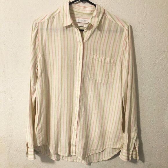 Lucky Brand Classic Fit Cream Striped Linen Button Down Size Small - Picture 1 of 6